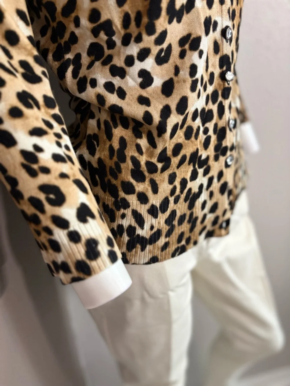 Premise Leopard Print Button-Front Cardigan in Tan Black Cream - Picture 3 of 5